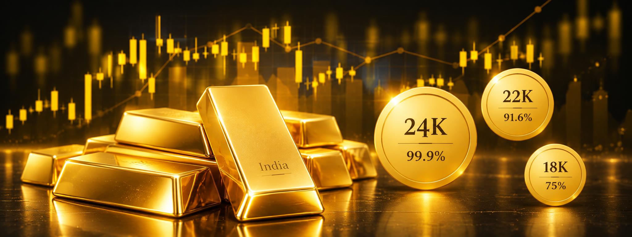 Gold bars for India with 24K 99.9%, 22K 91.6% and 18K 75% purity markers for the India gold rate guide